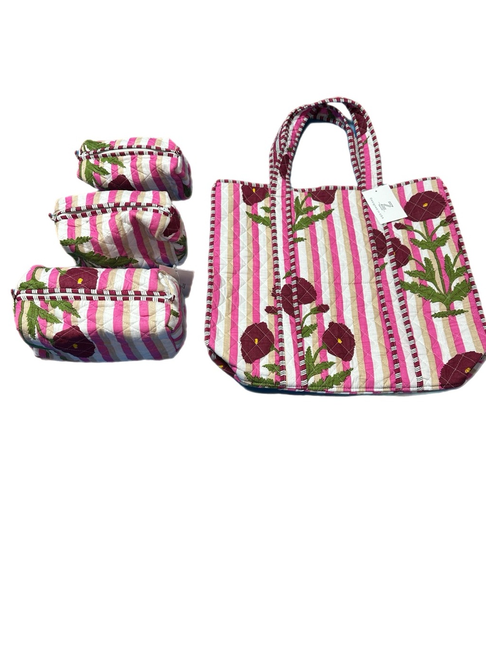 NWT Quilted Cotton Pink Stripe Floral Tote with 3 Matching Pouches